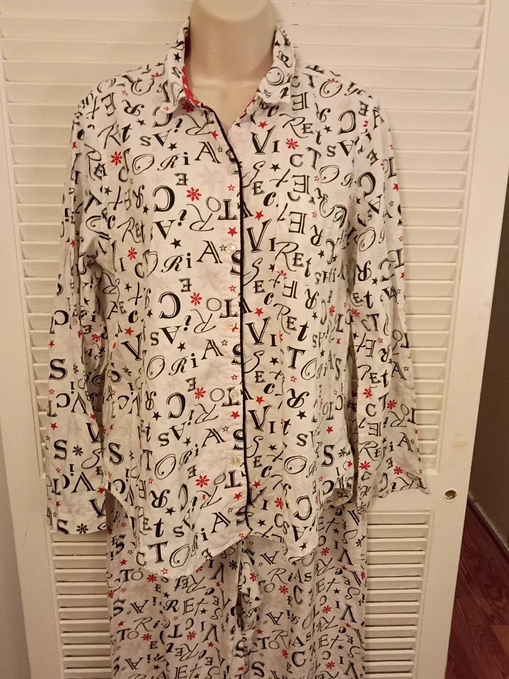 Victoria's Secret Cream Printed Button-Down Pajama Set with Black & Red Accents